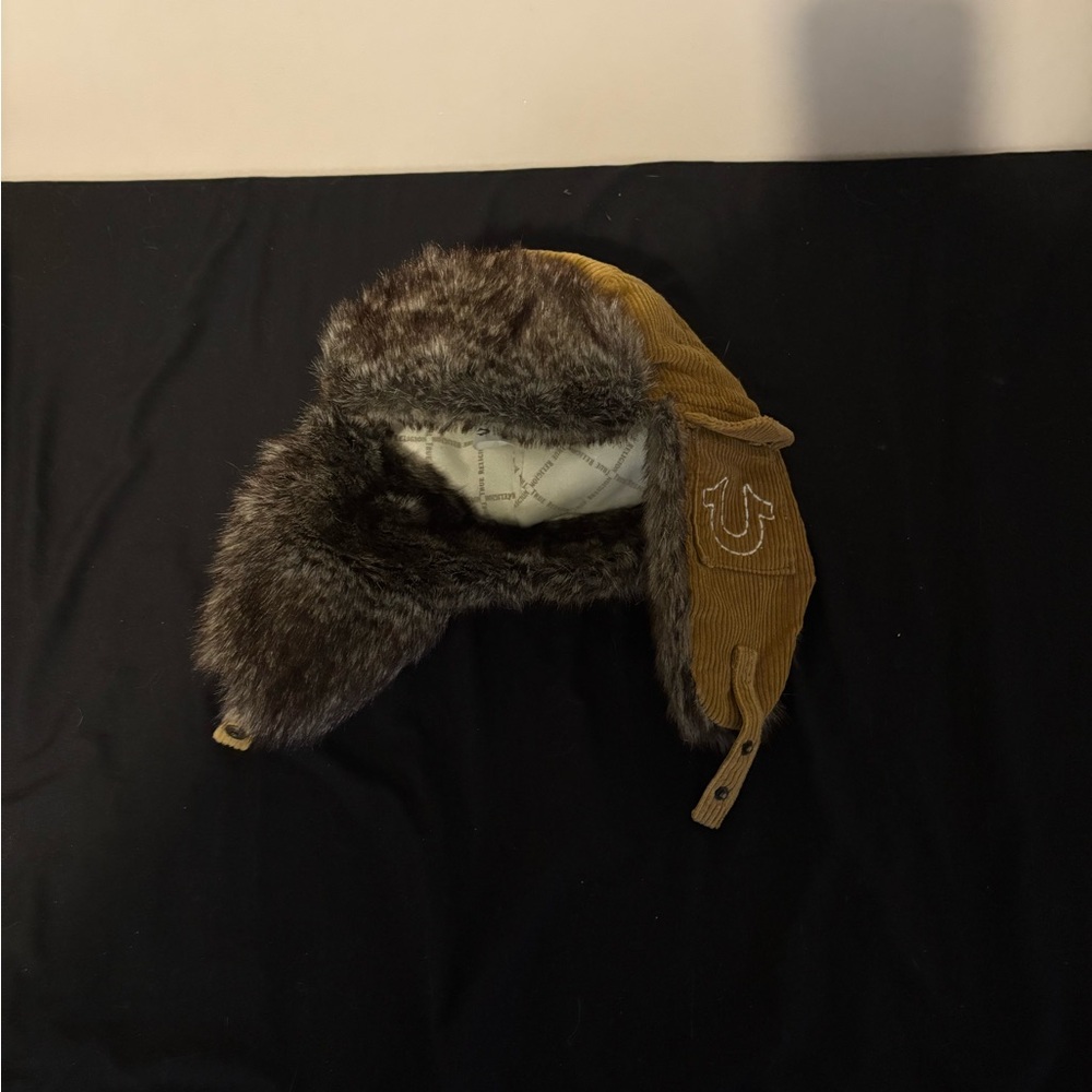 True Religion Cream and Brown Fur-Lined Hat